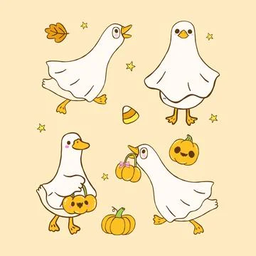 Cute Spooky Silly Goose Ghost Halloween Cartoon Hand Drawn Trick or Treat Set Stock Illustration