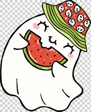 Cute Spooky Summerween ghost having watermelon Halloween Summer cartoon han.. Foto stock
