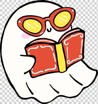 Cute Spooky Summerween ghost reading book  Halloween Summer cartoon hand dr.. Stock Photos