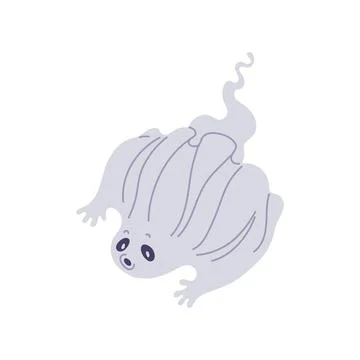 Cute spooky white ghost flying down, vector cartoon night ghost spirit, funny Stock Illustration