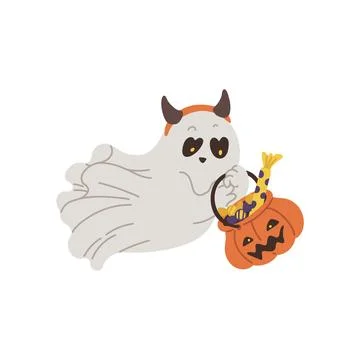 Cute spooky white ghost holding pumpkin head basket with candies treats, vector 스톡 일러스트