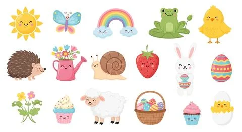 Cute Spring and Easter Icons: Sun, Bunny, Chick, Egg, Flowers, Hedgehog, St.. Ilustração Stock