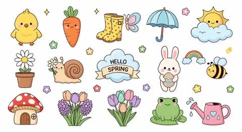 Cute Spring Animals and Objects Vector Illustration - Kawaii Style 스톡 일러스트