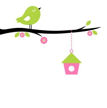 Cute spring Bird on tree branch Stock Illustration