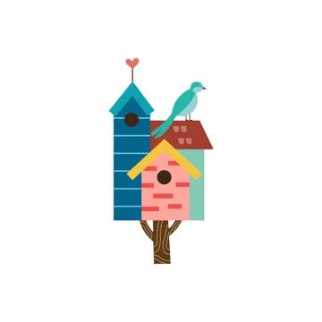 Cute spring birdhouse on tree with small bird flat vector illustration isolated. Stock Illustration