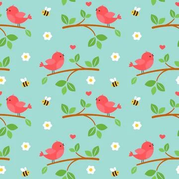 Cute spring birds on tree branches. Seamless pattern Stock Illustration