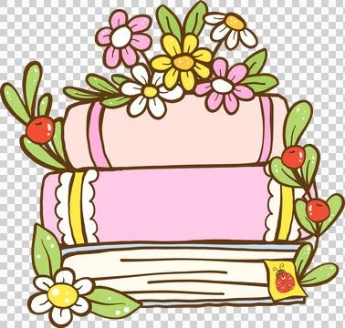 Cute Spring Book Stack with flower Cartoon Hand Drawn Stock Illustration