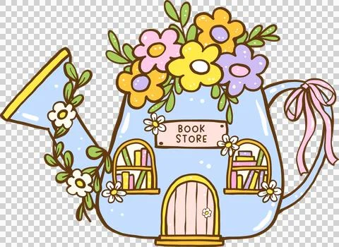 Cute Spring Bookish book store Watering Can Shape Cartoon Hand Drawn Stock Illustration