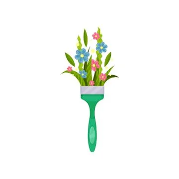 Cute spring bouquet in paint brush handle. Beautiful flowers with green leaves Illustration