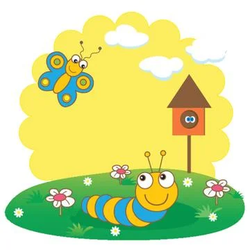 Cute spring card with caterpillar and butterfly. Stock-Illustration