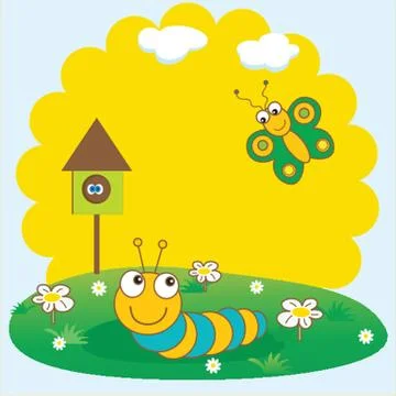 Cute spring card with caterpillar and butterfly. Illustrazione stock