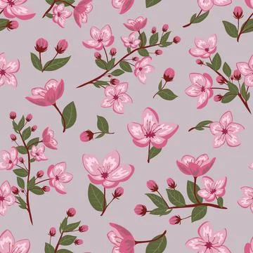 Cute spring cherry blossom vector seamless pattern Stock Illustration