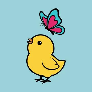 Cute Spring Chick Watching Butterfly Easter Clipart Illustration Stock Illustration