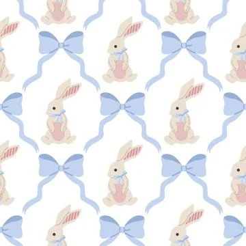 Cute, spring, cozy pattern with a blue bow and a beautiful bunny Stock Illustration