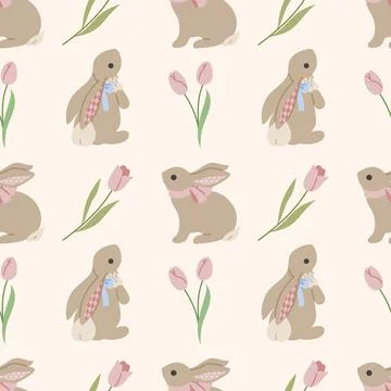 Cute, spring, cozy pattern with bunnies and wildflowers Stock Illustration