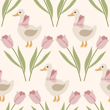 Cute, spring, cozy pattern with tulips and duck. Stock Illustration