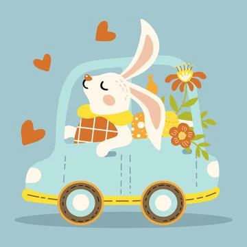 Cute spring easter bunny in the car Stock Illustration