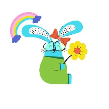 Cute Spring Easter Bunny Girl with Flower and Rainbow Vector Illustration イラスト素材