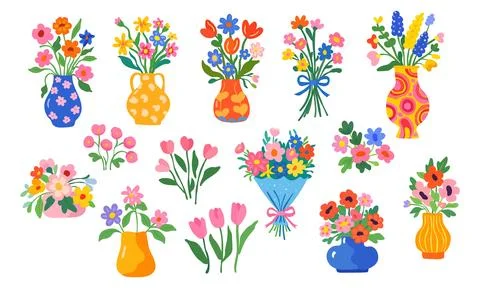 Cute spring flower bouquets in vases dopamine decor flat vector set Stock Illustration