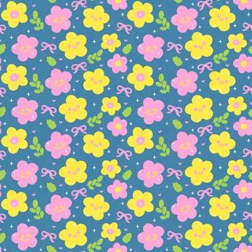 Cute Spring Flowers Seamless Pattern Smiley Flowers wallpaper isolated on b.. Stock Illustration