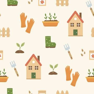 Cute spring garden seamless pattern with gardening tools, flowers and cotta.. 库存插图
