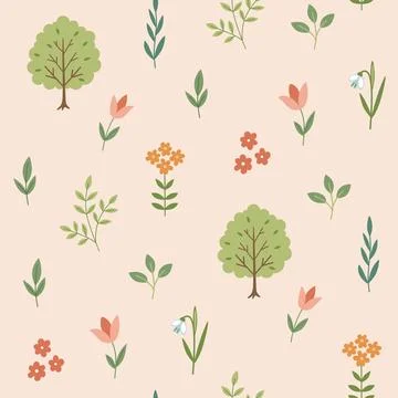 Cute spring garden seamless pattern with  tree, flowers and plants. 库存插图