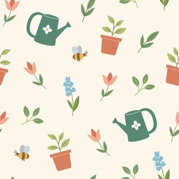 Cute spring garden seamless pattern with  watering can and  flowers Stock Illustration