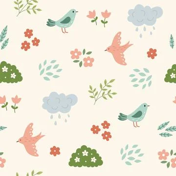 Cute spring garden seamless pattern with birds, flowers, plants  and clouds. Stock Illustration