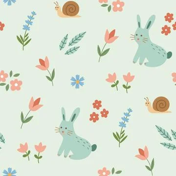 Cute spring garden seamless pattern with  rabbit, flowers, plants  and snail Stock Illustration