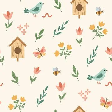 Cute spring garden seamless pattern with birds, birdhouse, flowers  and ins.. Stock Illustration