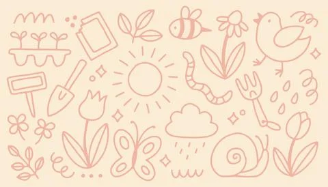 Cute spring garden vector doodle set. Minimalist pink line art elements Ilustração Stock
