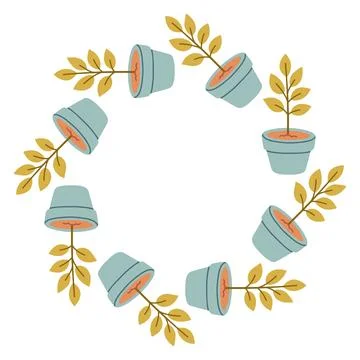 Cute spring gardening circular frame with potted plants, leaves. Hand drawn Stock Illustration