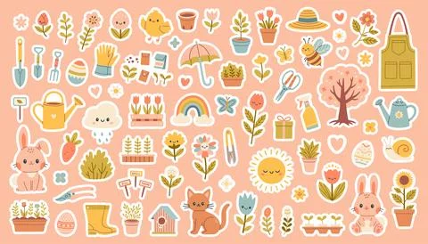 Cute spring gardening sticker set with flowers, plants, tools, animals and cozy Stock Illustration