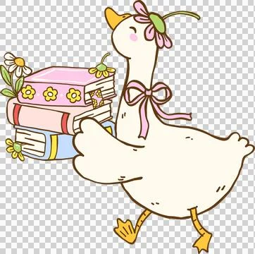 Cute Spring Goose Reading Book Cartoon Hand Drawn Stock Illustration