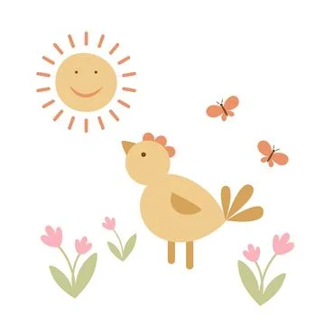 Cute spring illustration with chick. White background. Vector. Stock Illustration