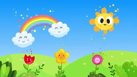 Cute spring landscape animation,sun and rainbow and colorful flowers,hills  Stock Footage