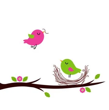 Cute spring nesting birds isolated on white Stock Illustration