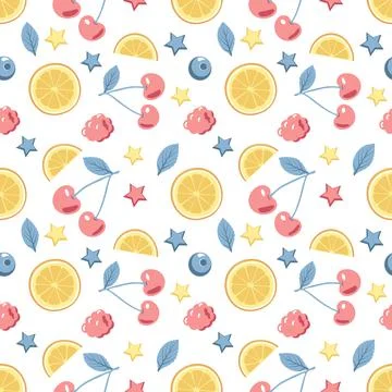 Cute spring or summer seamless pattern with cherries and lemons Stock Illustration
