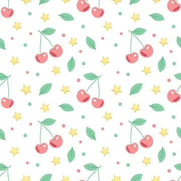 Cute spring or summer seamless pattern with cherries and stars Stock Illustration