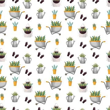 Cute spring pattern of garden tools. Elements for planting indoor plants Stock Illustration