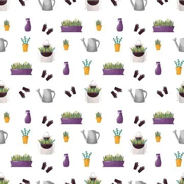 Cute spring pattern garden tools. Elements for planting indoor plants, seedlings Stock Illustration