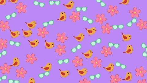 Cute Spring Pattern with Yellow Birds, Pink Flowers, and Sunglasses on Purple Stock Footage 345539589
