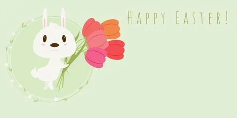 Cute Spring Rabbit with red tulips on green isolated background. Vector Easter b Stock Illustration