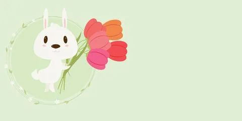 Cute Spring Rabbit with red tulips on green isolated background. Vector Easter b Stock Illustration