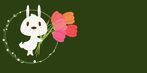 Cute Spring Rabbit with red tulips on green isolated background. Vector Easter b Stock Illustration