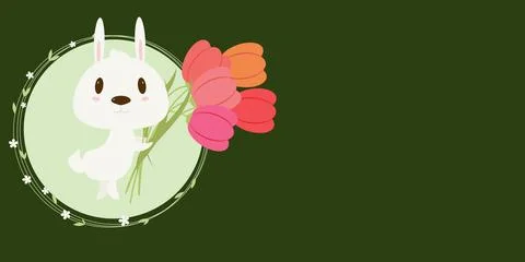 Cute Spring Rabbit with red tulips on green isolated background. Vector Easter b Stock Illustration