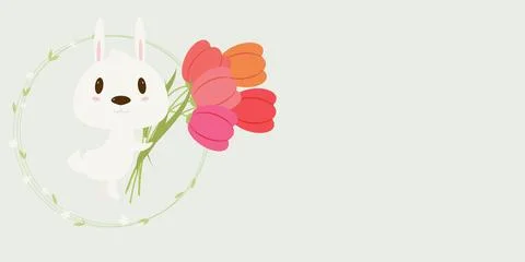 Cute Spring Rabbit with red tulips on white isolated background. Vector Easter b Stock Illustration