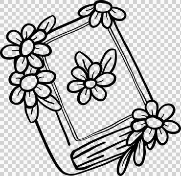 Cute Spring reading close Book with flowers Outline Cartoon Hand Drawn Stock Illustration