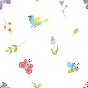 Cute spring seamless pattern with bird, flowers, butterfly and bee. Flat Stock Illustration