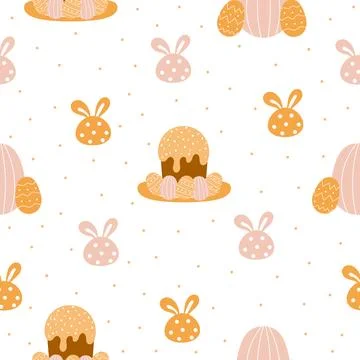 Cute spring seamless pattern with Easter cake, eggs and bunny on white back.. Illustrazione stock